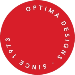 Optima Design Group logo on red background with circular text.