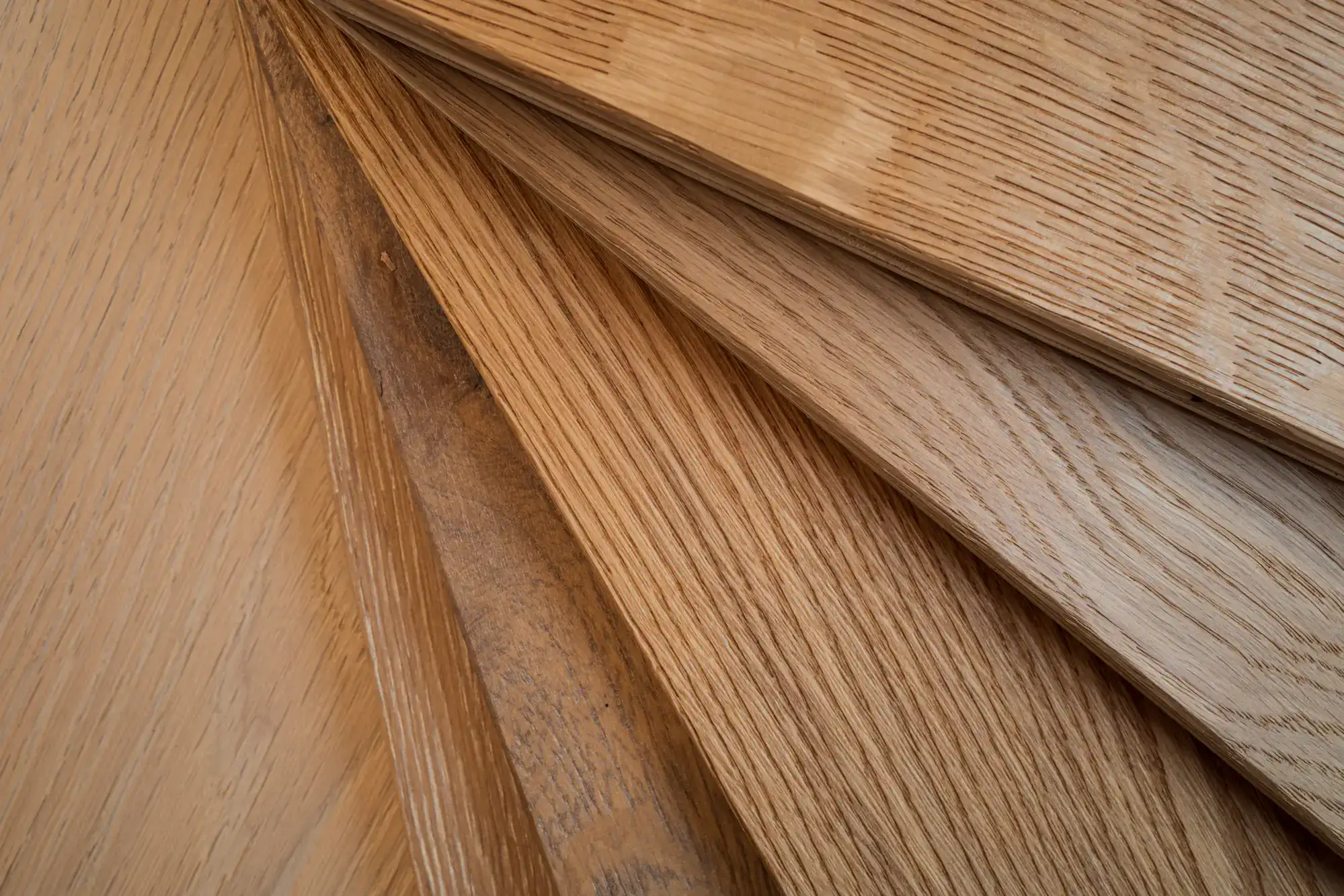 Close-up of various hardwood flooring samples showcasing different wood grains and finishes.