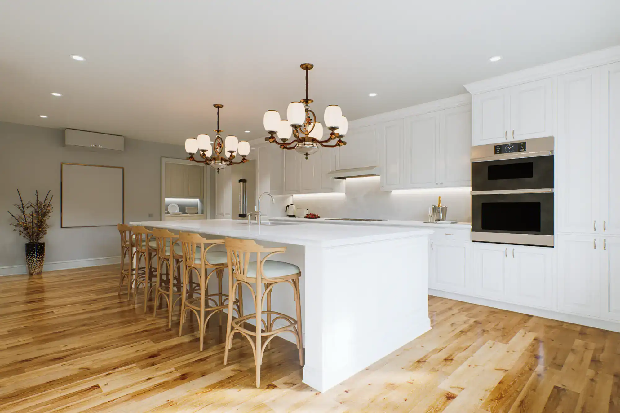 Spacious white kitchen with island and wooden bar stools, perfect for family gatherings.