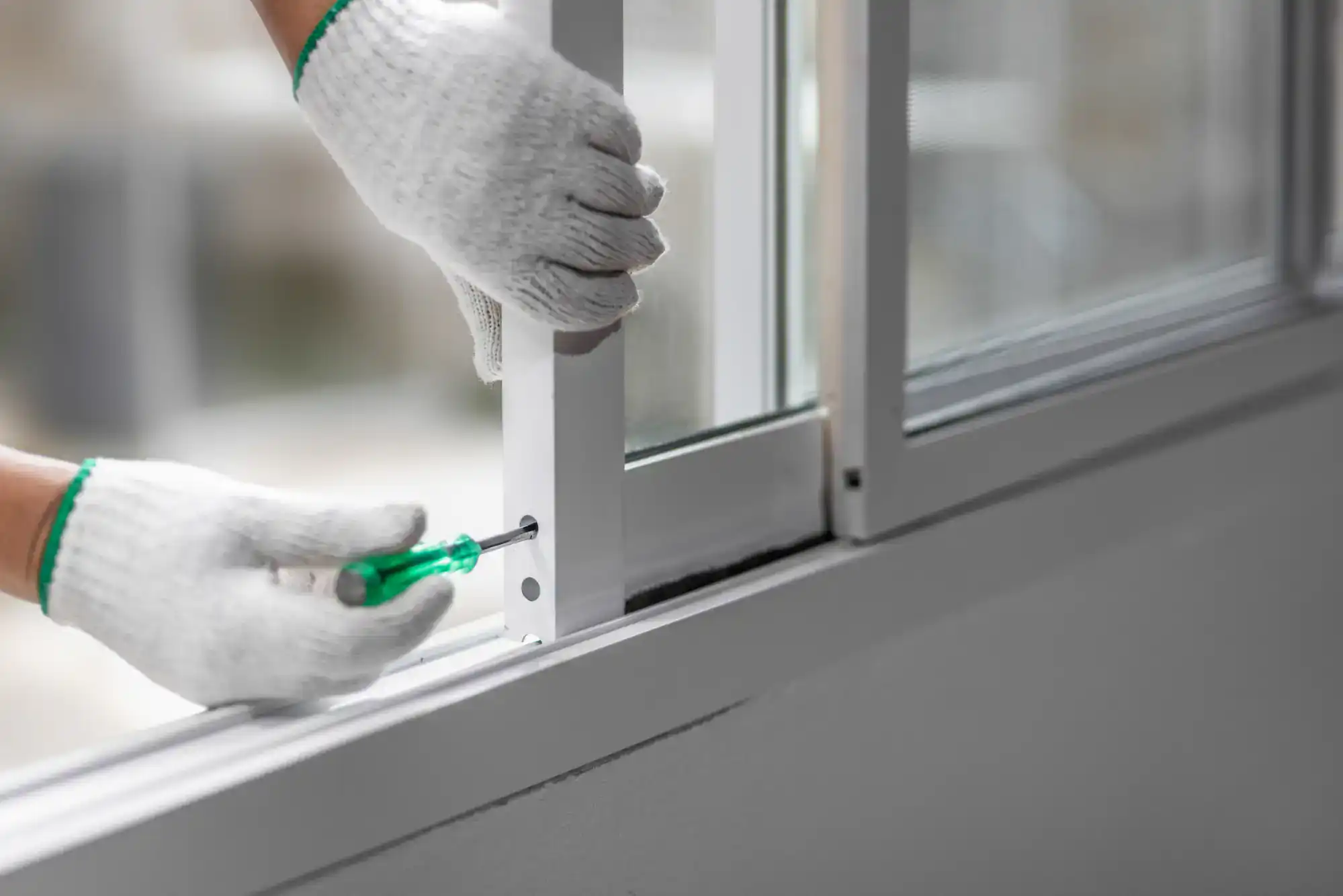 Technician installing a new window with tools and gloves.
